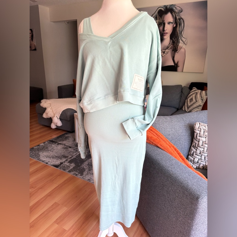 Light Blue cotton Maxi Pencil Dress with cropped sweatshirt overlay Set